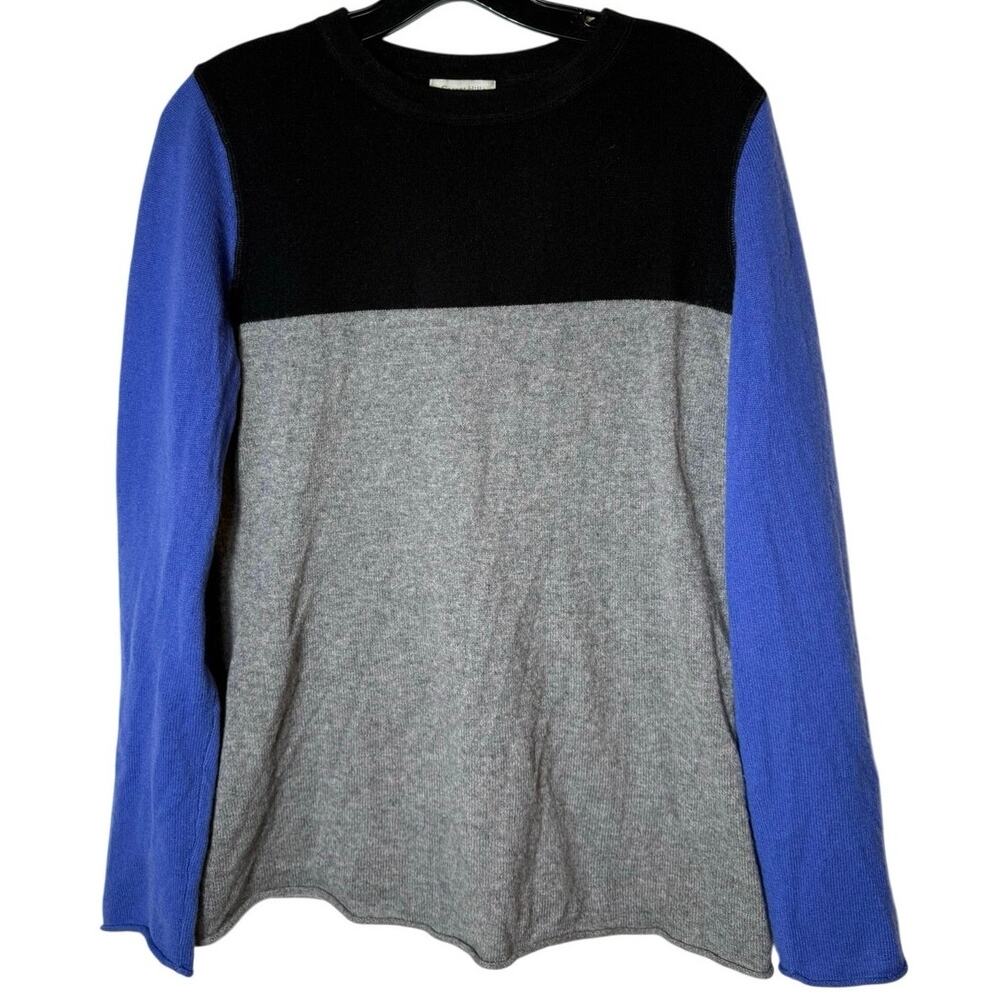 Garnet Hill M Color Block Black Gray Blue 100% Cashmere Sweater Fall Luxury